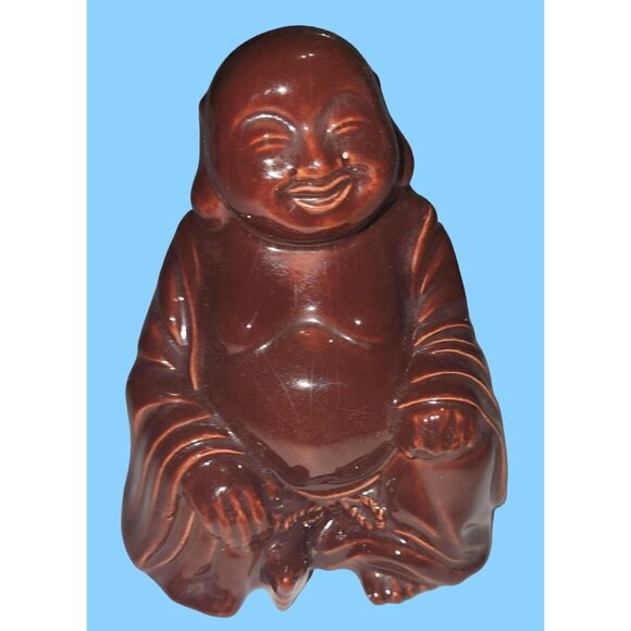 Vintage Brown Ceramic Laughing Buddha Figurine - 4.5x3" Tall - Picture 1 of 8